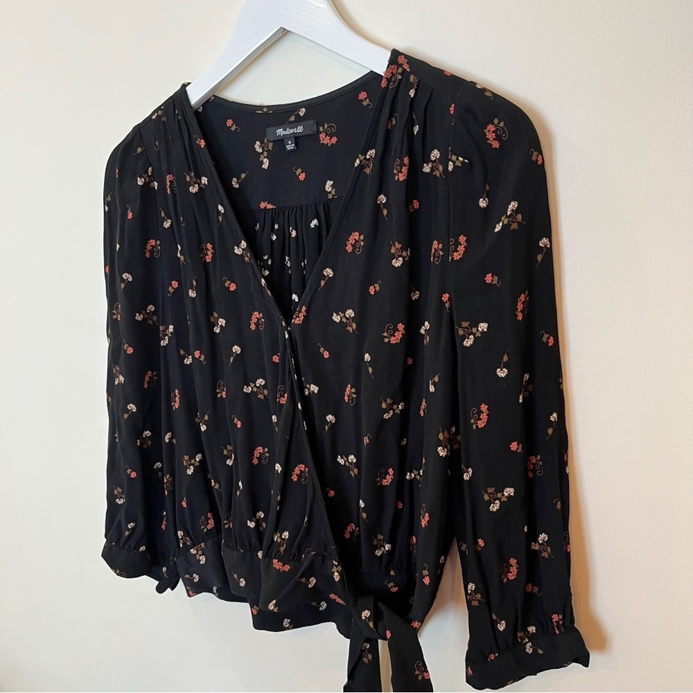 Madewell Black Dainty Floral Faux Wrap Side Tie Top Womens Medium 3/4 Sleeve - Picture 2 of 7